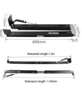Beefy Folding Table Hinge With Slick Hidden Dining Bracket Dead Simple Black Metal Desktop Connector Zero Sweat Furniture Hardware Rig dimensions showing retracted and extended lengths.