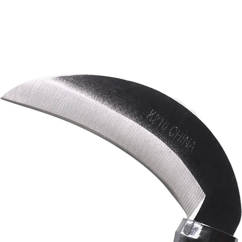 Close-up of the blade tip on Beast High Carbon Steel Japanese Style Weeding Sickle With 3 Inch Blade And 10 Inch Beech Wood Handle Balanced