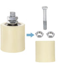 Close-up of 4 Pack Adjustable Nylon Gate Rollers for Sliding Gates on Angle Steel Rails and Round Rails, beige, with screws and nuts.