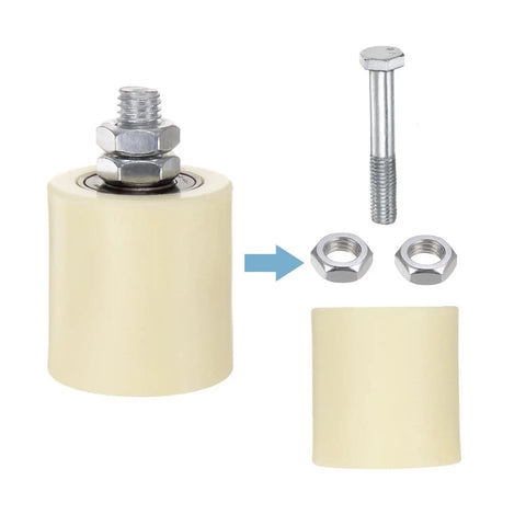 Close-up of 4 Pack Adjustable Nylon Gate Rollers for Sliding Gates on Angle Steel Rails and Round Rails, beige, with screws and nuts.