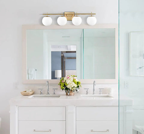 4-Light Brass Vanity Light With Milky White Glass Globes, Modern Wall Fixture For Bathroom Or Powder Room, Brushed Brass Finish