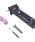 Portable Drill Bit Sharpener With Adjustable Angle Jig, black jig with grinding wheels and tools for sharpening drill bits.