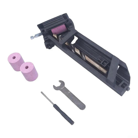 Portable Drill Bit Sharpener With Adjustable Angle Jig, black jig with grinding wheels and tools for sharpening drill bits.