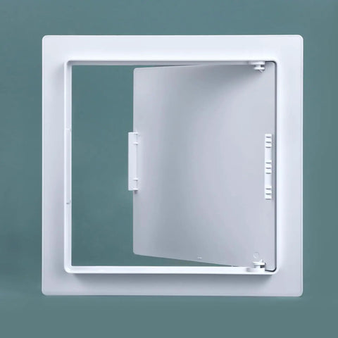 Rock Hard Eight By Eight Inch Drywall Access Panel Two Pack ABS Plastic wall cover plate with a seamless design.