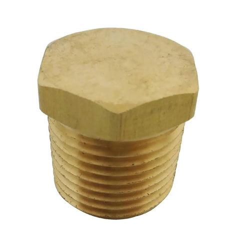 Hex Head Plug Pipe Fitting Set NPT Male Five Pieces Brass Heavy Duty showing one brass plug with hex head and threaded body.