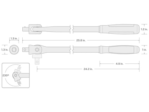 Diagram of One Half Inch Drive Twenty Four Inch Breaker Bar With Comfort Grip, 230 Degree Pivoting Head, Built From 4140 Steel
