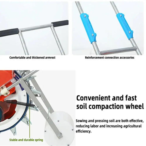 Close-up of Walk Behind Garden Seeder With 16 Outlets For Easy No Fuss Planting showing armrest, reinforcement, and soil compaction wheel.