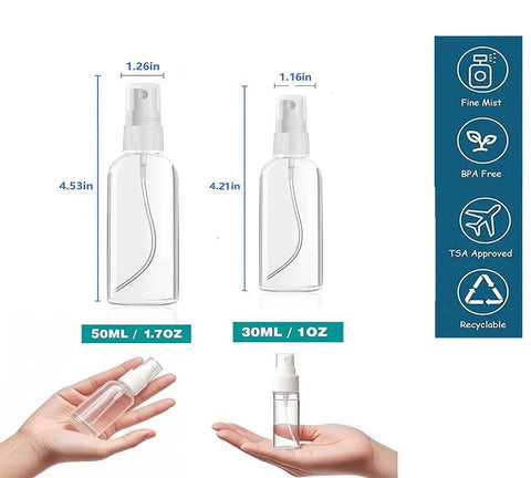 Must Have Travel Spray Bottle Set Clear Plastic Four Pack With Two 1oz And Two 1.7oz Bottles Plus Extra Nozzle Funnel And Labels