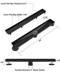 36 Inch Square Shower Drain With Reversible 2-In-1 Tile Insert Cover, Matte Black Finish, SUS304 Stainless Steel, Dimension Details