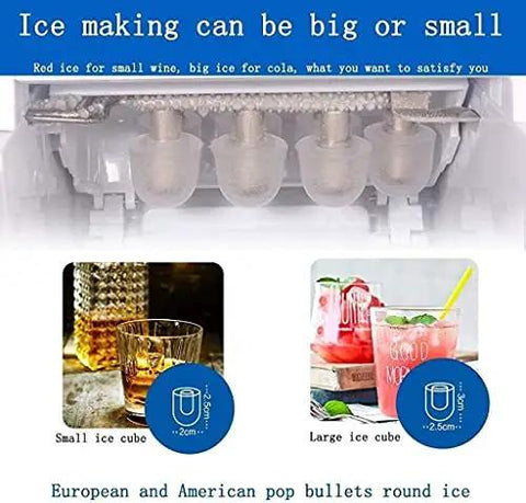 Premium Stainless Steel Freestanding Ice Maker Cranks Out Thirty Three Pounds Bullet Ice Daily With Slick Touch Panel No Sweat Rapid Chilling For Kitchens Bars And Office Spots; showing small and large bullet ice cubes.