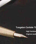 Close-up of tungsten carbide tip of Two Pack Tough As Nails Tungsten Carbide Marker with Non Slip Knurled Handle for precise engraving.