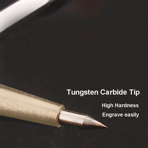 Close-up of tungsten carbide tip of Two Pack Tough As Nails Tungsten Carbide Marker with Non Slip Knurled Handle for precise engraving.
