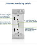 Toggle Slide Dimmer Switch For Dimmable LED, Halogen And Incandescent Bulbs, TSL06-1LW White with labeled features and controls.
