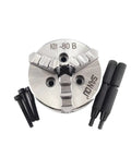 80mm 3 Jaw Self Centering Mini Lathe Chuck K01-80B with hardened steel jaws and mounting tools for woodworking projects.