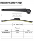 Rear Wiper Arm Kit With Blade Cap Nut And Wrench For VW Atlas 2017-2025 rear wiper arm and blade information chart
