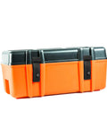 Orange storage box with Flexible Draw Latch Lock For Electrical Cabinets And Industrial Use, rubber over center latch, and concealed keeper.