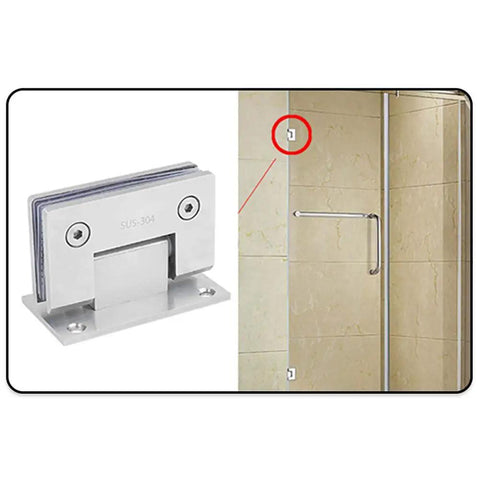 Heavy Duty 90 Degree Stainless Steel Glass Shower Door Hinges With Brushed Finish, showcasing a close-up of the hinge on glass.