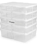 10 Pack Heavy Duty Six Quart Clear Plastic Stackable Storage Bins Featuring Slick Snap On Lids stacked together.