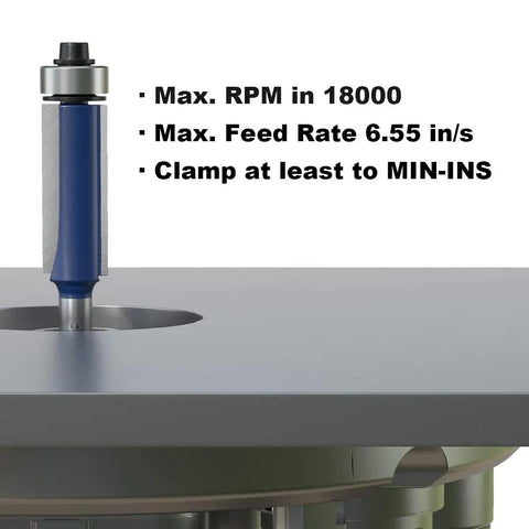 Flush Trim Router Bit 1/4 Inch Shank, 3/8 Inch Cutting Diameter in router setup with specifications shown