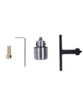Mini DC 12V Hand Drill Kit with JT0 Chuck, shown are chuck, hex key, and drill components for precise micro drilling
