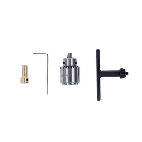 Mini DC 12V Hand Drill Kit with JT0 Chuck, shown are chuck, hex key, and drill components for precise micro drilling