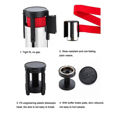 Heavy Duty Wall Mounted Retractable Belt Barrier With Magnetic Snap And Nine Foot Red Stanchion Rope showing compact design and durable materials.