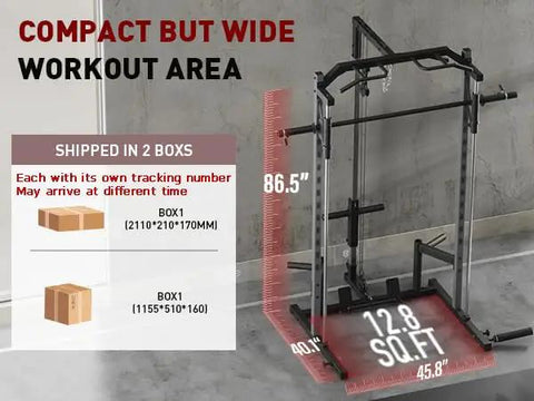 Compact All In One Adjustable Smith Machine With Lat Pulldown System shown in a home gym setting with dimensions.