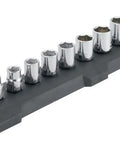 Three Eighths Inch Drive Six Point Socket Set, Eleven Piece With Chrome Polish Finish on black holder, shown angled view
