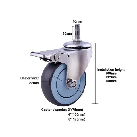 Heavy Duty Swivel Caster Wheels With Brakes For Furniture And Workbench Carts, M Threaded Stem Castors, dimensions shown