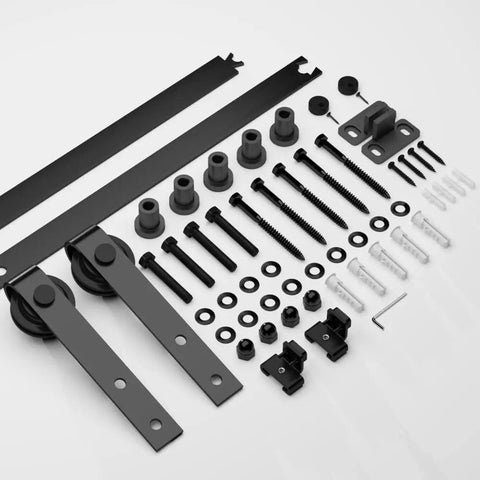 Components of 6Ft Barn Door Hardware Kit Lite Version Black - Smooth Quiet Sliding Track Rail System, Easy Install, Manual Included