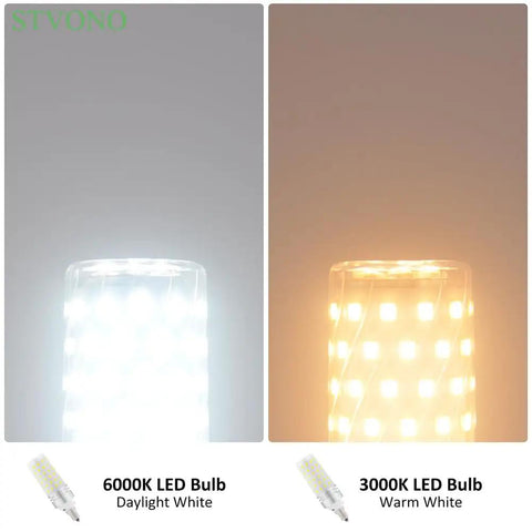 Side-by-side of 6000K daylight white and 3000K warm white LED bulbs illuminating, showcasing light temperature difference.