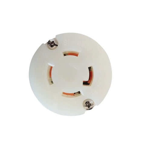 Top view of L16-30C Grounding Locking Connector 30A 480V AC 3 Pole 4 Wire NEMA L16-30 cUL Listed in durable white construction.