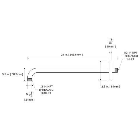 Technical diagram of 24 Inch Chrome Shower Arm With Flange For Wall Mount, detailing dimensions and NPT threaded inlet and outlet.
