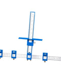 Straight Shot Precision Adjustable Woodworking Jig For Cabinet Hardware Portable Hole Punch Locator with blue stainless steel design.