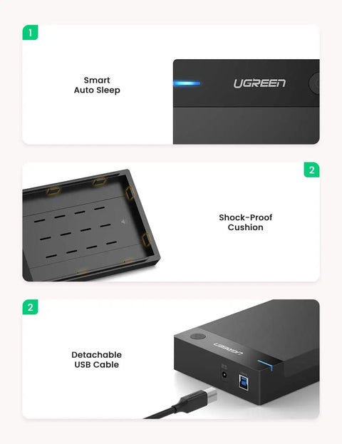 Dope USB 3.0 External Hard Drive Enclosure For 2.5 And 3.5 Inch SATA HDD Or SSD with detachable USB cable and shock-proof cushion.