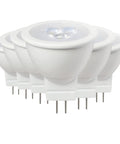 MR11 LED Bulb 5W 12V GU4 Base 3000K Warm White, 60 Degree Flood Beam, 356 Lumens, 6 Pack arranged on a white surface
