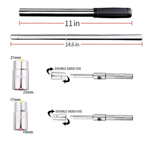 Telescoping 23 Inch Universal Lug Wrench 4 Way Tire Iron Nut Wrench Set with storage bag shown with extendable handle and sockets.