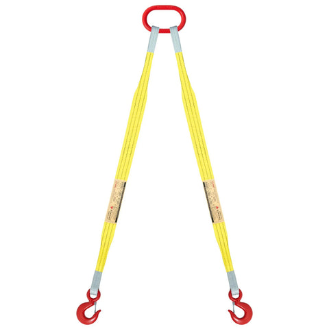 Kivomot 2-leg lifting sling, yellow polyester webbing, 5 ft x 3 in, 6,600 lb WLL, with G80 master link and two hooks
