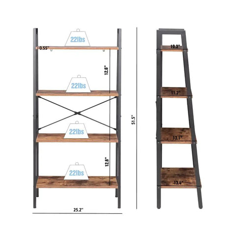 Dope Industrial Four Tier Freestanding Rustic Bookshelf Plant Stand Storage Rack dimensions illustration with weights