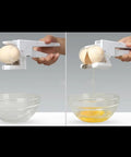 Effortless Egg Cracker with Built-In Egg Separator and Cutter in action showing clean egg crack into bowl.