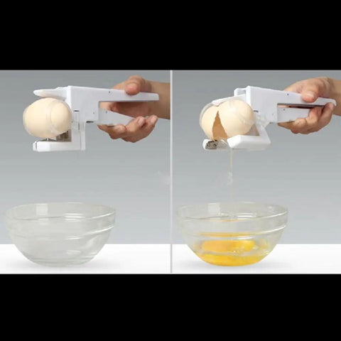 Effortless Egg Cracker with Built-In Egg Separator and Cutter in action showing clean egg crack into bowl.