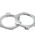30 Pack Industrial Grade Galvanized Electrical Conduit Lock Nuts Silver 1/2 In For HVAC And Chemical Piping Rigid Sealing Fittings That Rock Heavy Duty Metal Fasteners For Tough Jobs close-up of two galvanized lock nuts.
