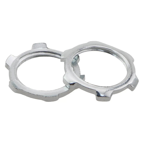 30 Pack Industrial Grade Galvanized Electrical Conduit Lock Nuts Silver 1/2 In For HVAC And Chemical Piping Rigid Sealing Fittings That Rock Heavy Duty Metal Fasteners For Tough Jobs close-up of two galvanized lock nuts.