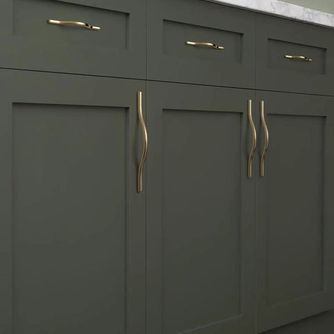 Low Profile Brushed Brass Cabinet Pulls With Dual Hole Centers 6.3 Inch And 7.6 Inch Zinc Alloy Handle On Dark Cabinets, Pack Of 6