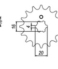 Technical drawing of front sprocket for 420 Sprocket And Chain Kit For Yamaha TT R 90 2000 To 2007, dimensions indicated.