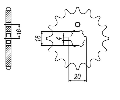 Technical drawing of front sprocket for 420 Sprocket And Chain Kit For Yamaha TT R 90 2000 To 2007, dimensions indicated.