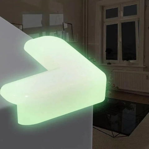 Glow In The Dark Corner Protectors soft cushion glowing on furniture edge at night, part of 10 pack with strong adhesive