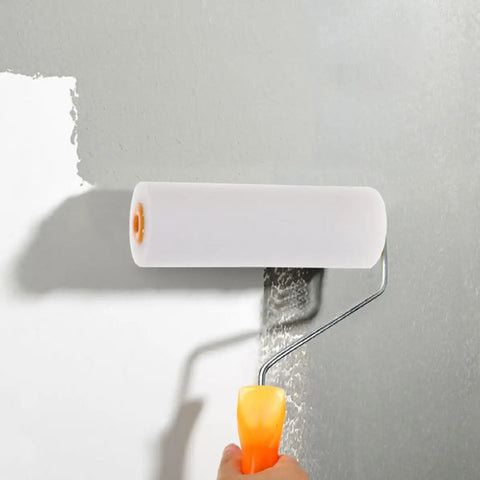 Crush Resistant Top Shelf Heavy Duty White Sponge Paint Roller Covers Replacement Sleeves For Interior Walls And Ceilings Easy Roll Smooth Finish in action on gray wall.
