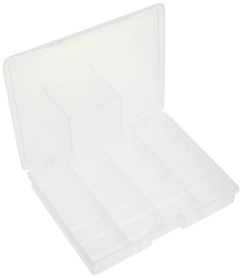 No Fuss Grab And Go Portable Organizer With 24 Fixed Compartments And ProLatch Locking System For Small Tools Hardware Crafts Buttons Findings Clear Impact Resistant Heavy Duty Case open showing 24 compartments.