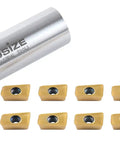 APKT11T3 TiN Coated Carbide Inserts for Steel Machining, 10 Pc Set next to cylindrical case, front view